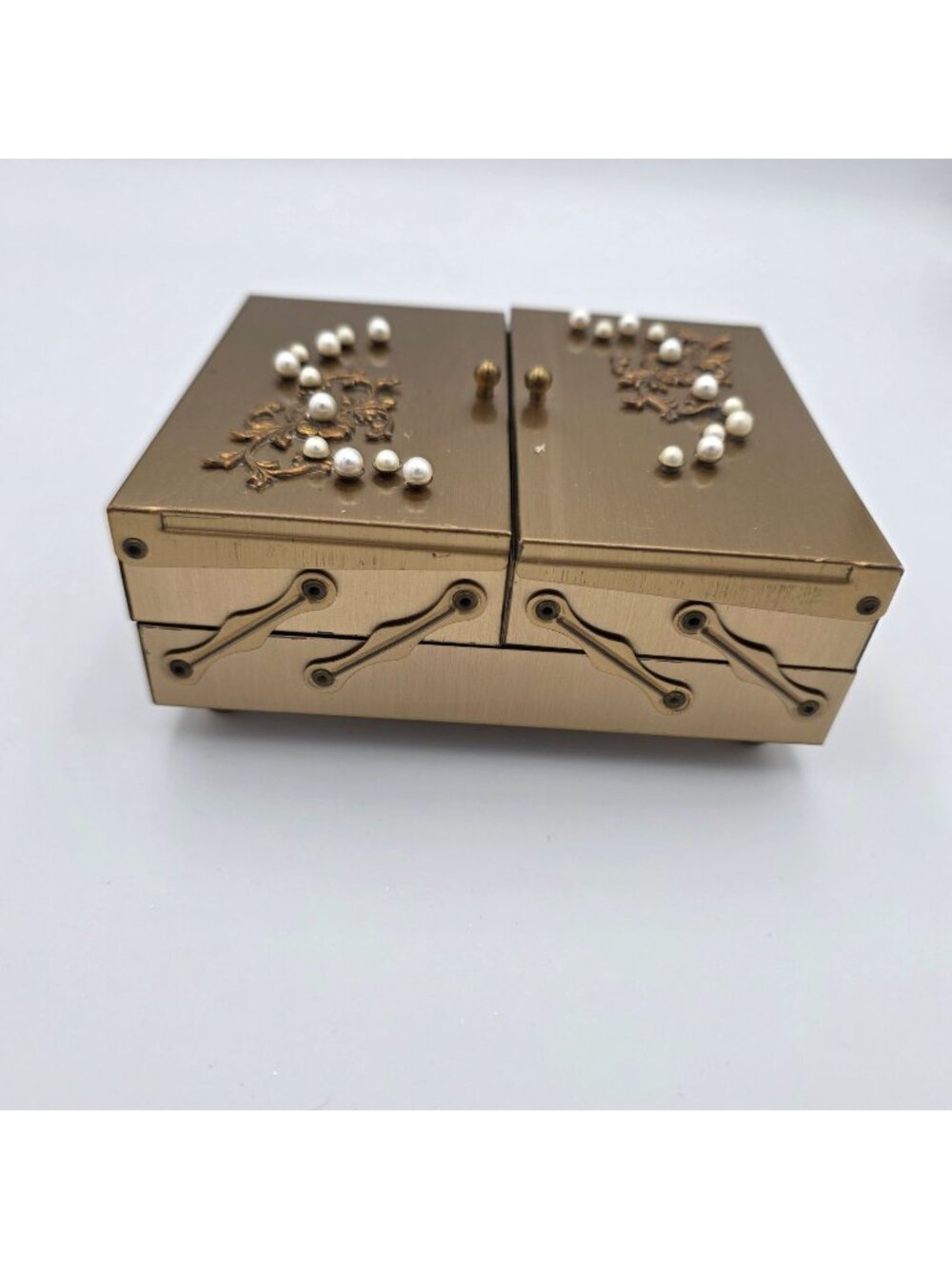 Vintage Gold-Tone Jewelry Box Pearl Embellishments & Velvet Inner Compartments - Picture 1 of 12